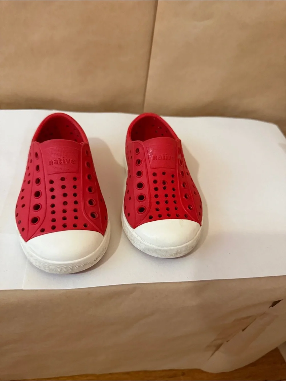 Native Kids Slip-On Sneakers in Bright Red with White Toe